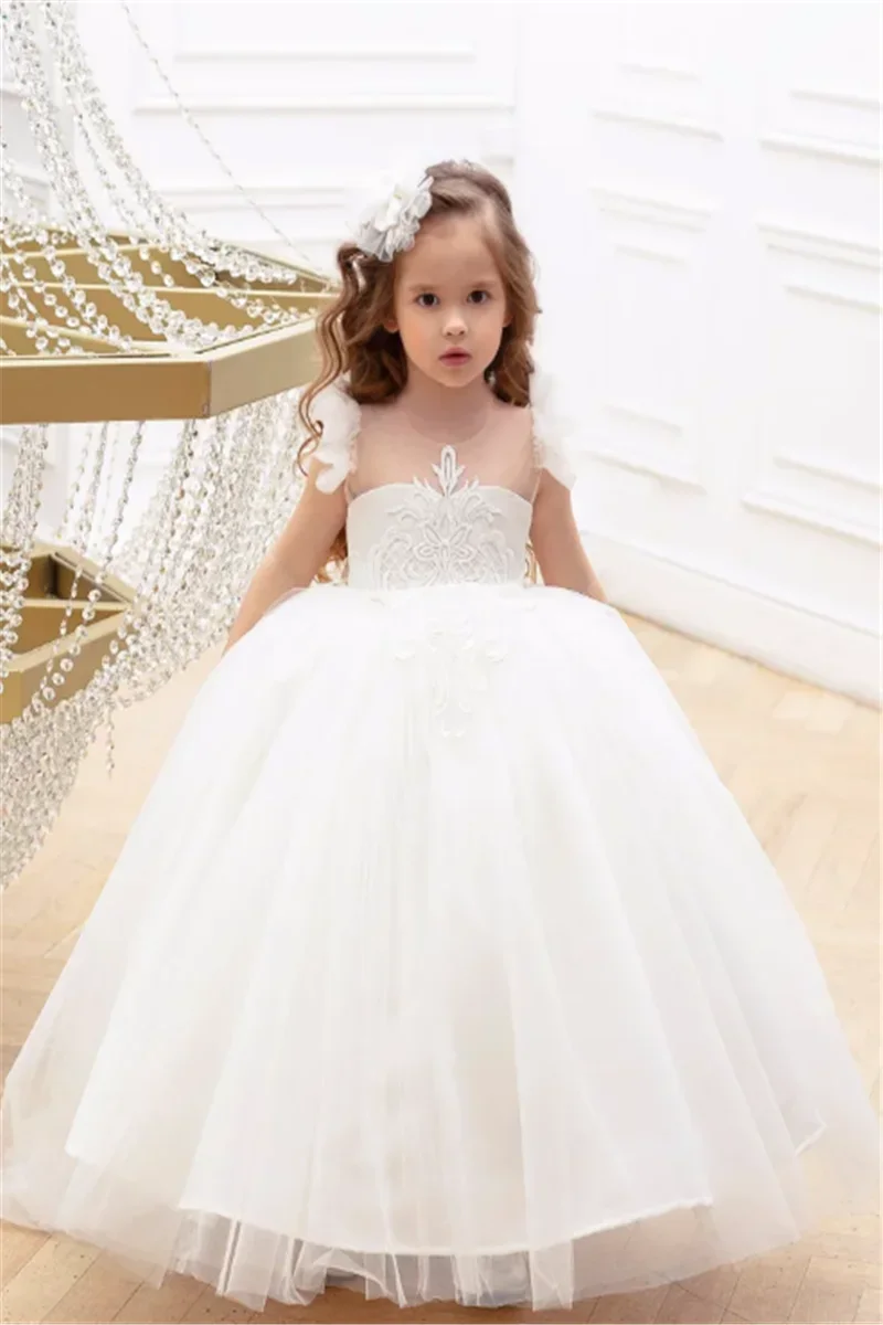 Elegante abito da ragazza di fiori bianco senza maniche soffice tulle pizzo principessa ballo spettacolo di bellezza prima comunione abiti di compleanno per bambini