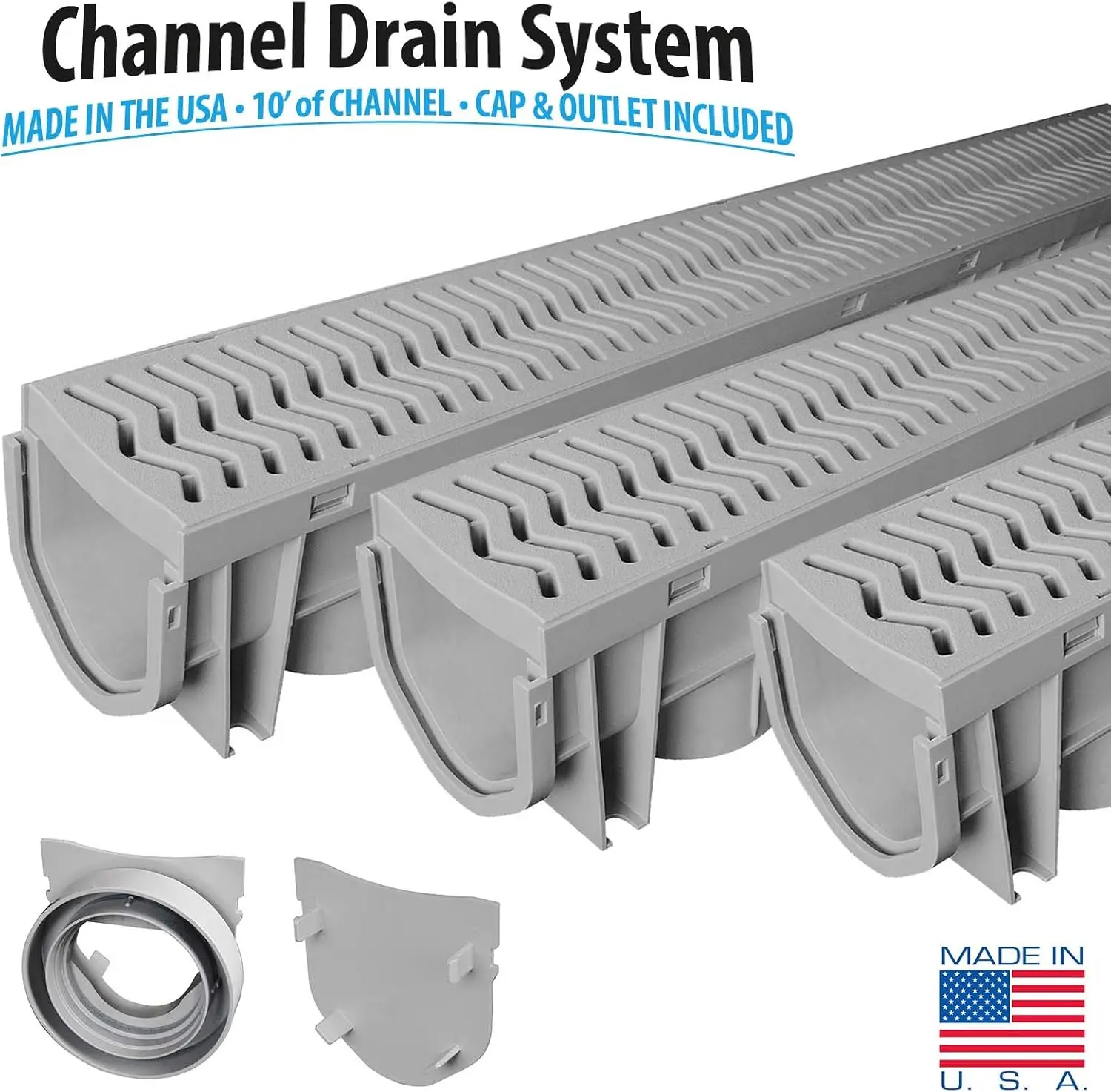 Drainage Trench and Driveway Channel Drain with Concrete Grey Grate, 3-Pack