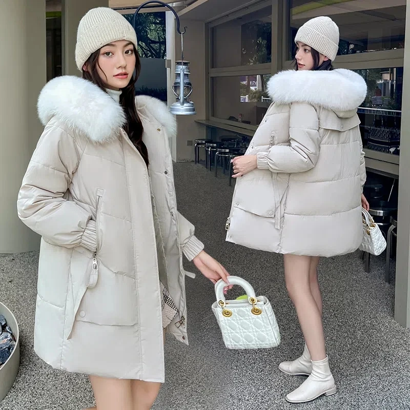 

Down Cotton Jacket Women 2024 Autumn Winter New Fashion Loose Warm Padded Coat Female Fur Collar Hooded Large Size Thick Parkas