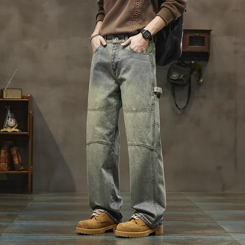 

Новые осенние и зимние стили. Высококачественные американские ностальгические синие джинсы для мужчин. Свободные прямые мужские джинсы с широкими штанинами.