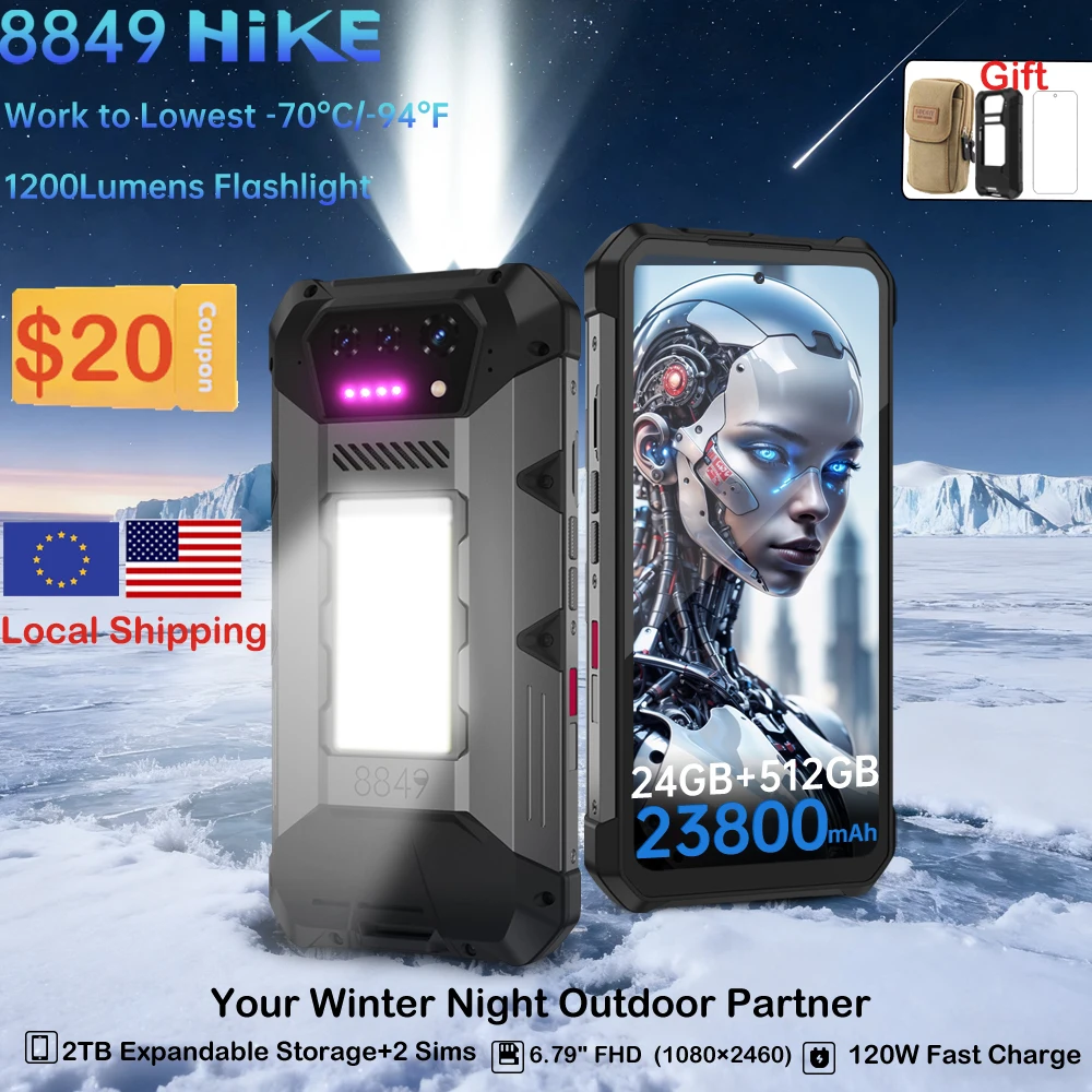 8849 Hike Unihertz Rugged Smartphone 23800mAh 24GB+512GB Expandable 2TB 1200Lumen Flashlight Android14 Two Speakers 6.79'' 120Hz