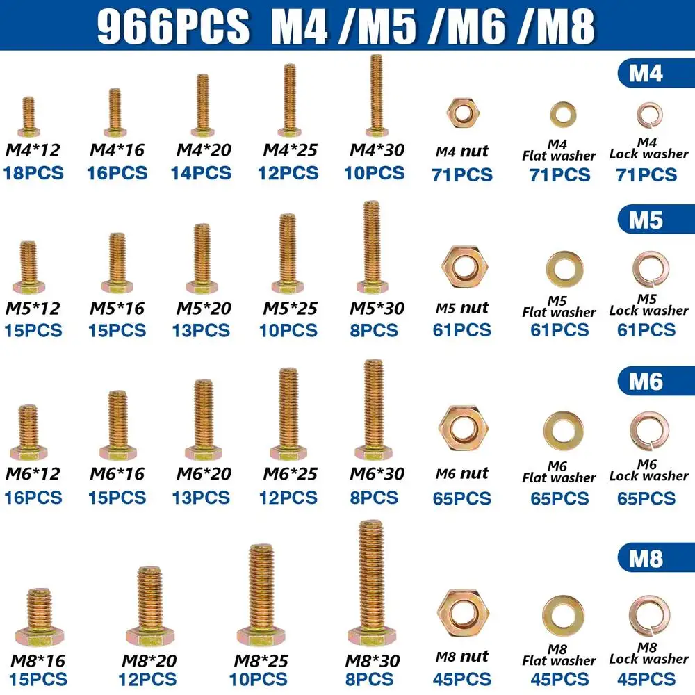 966개 미터법 볼트 모음 키트 M4 M5 M6 M8 8.8등급 헤비 듀티 볼트 너트 와셔 DIY 가구 오토바이 자동차 수리용
