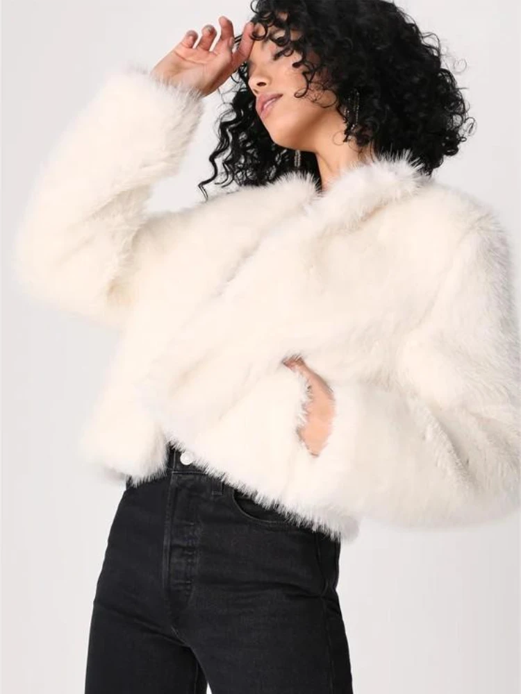 

Fluffy Fur Coat Long Sleeve Cropped Jacket Winter Women Clothing Luxury High-end Faux Fur Jacket Chic Warm Outerwear Streetwear