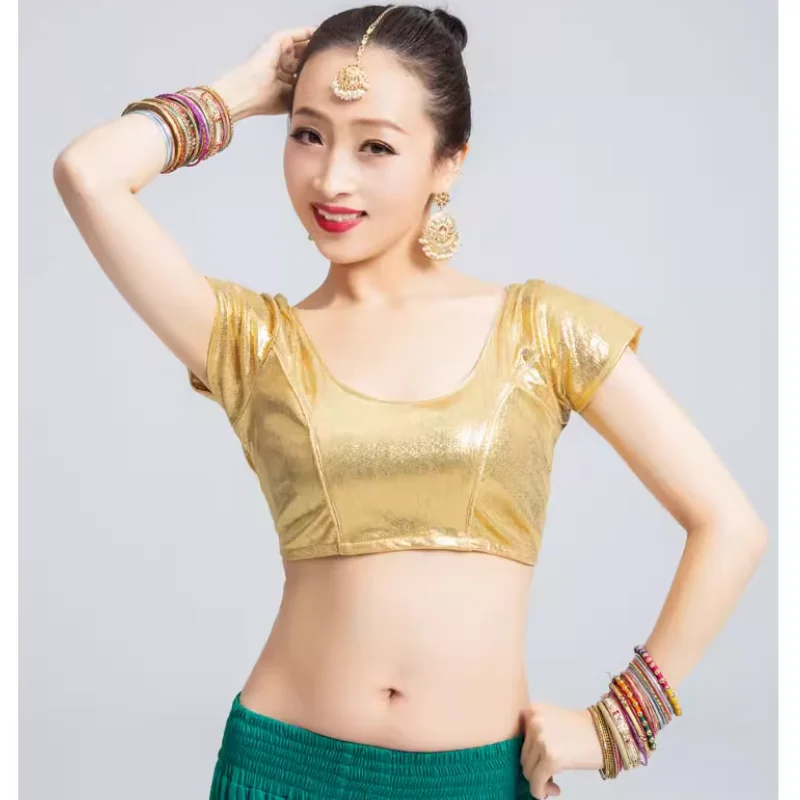 

Индийский женский топ для танца живота из золотистой эластичной ткани, универсальный, в стиле сари