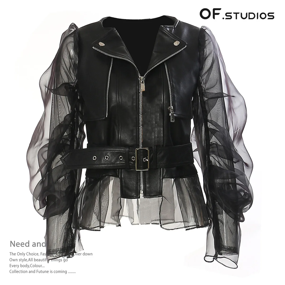 

2024 Spliced mesh see-through leather biker jacket for women