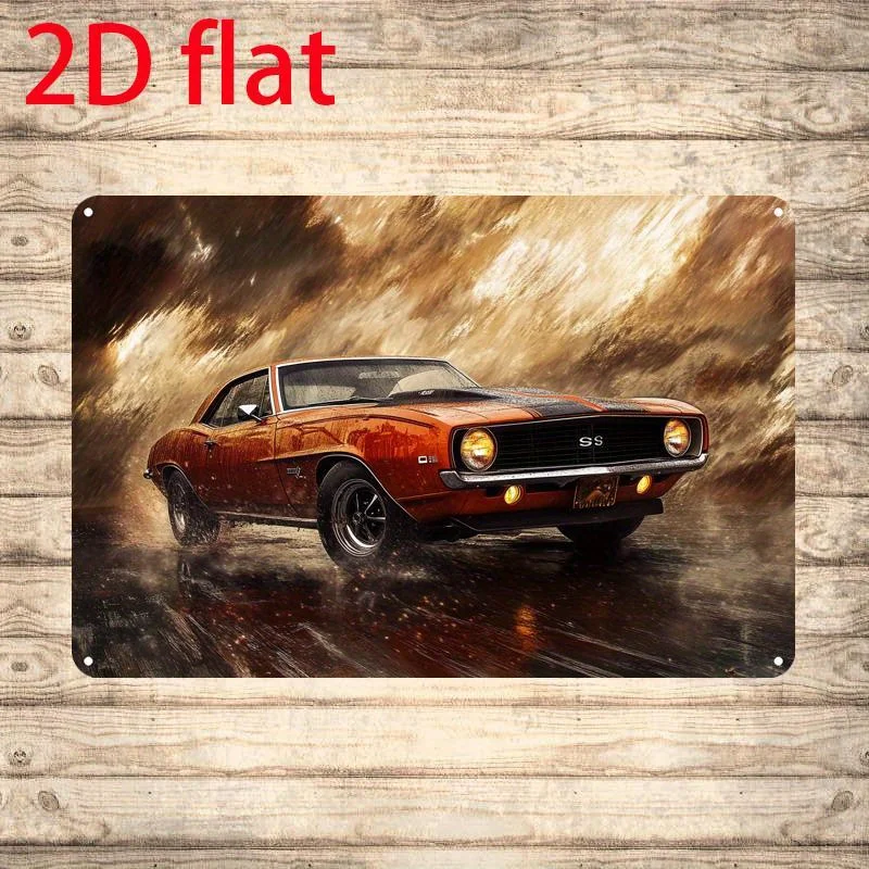 Vintage American Muscle Car Metal Tin Sign - Rustic Wall Art, Retro Red Poster with Fiery Night Background, Perfect fo