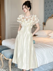French Sweet Long Dresses for Women Gorgeous Sheer Rose Pockets Swing Robe Birthday Party Runway Vestidos Prom Gown