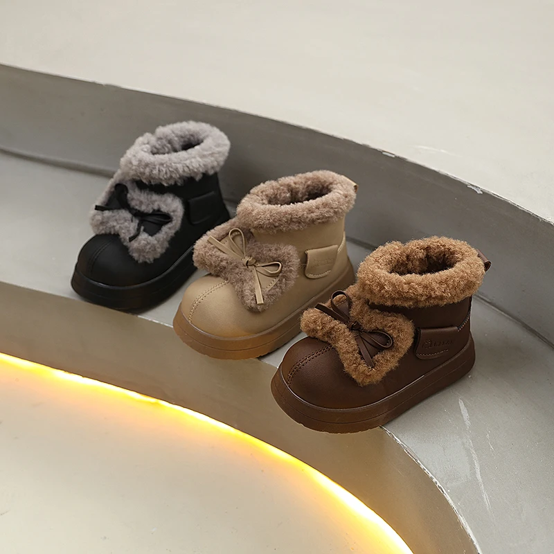 

Детские ботильоны, зимние милые модные плюшевые ботинки с бантом для девочек, мягкие детские хлопковые ботинки с толстой подошвой и волосатой молнией сбоку