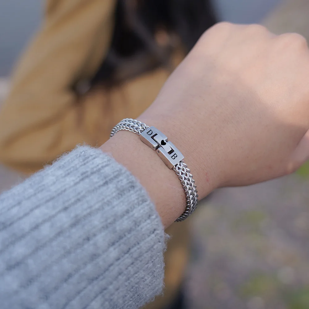 Width 6.6mm High Quality Business Style Charm Stainless Steel Bracelet Custom Name Date Mens Cuff Jewelry Bracelet