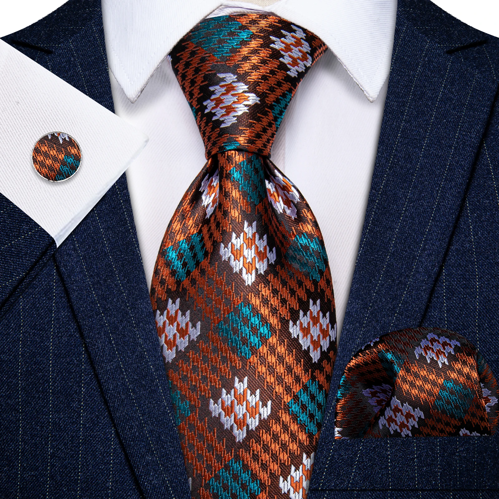 

Novelty Plaid Tie for Men Orange Blue White Plaids Pocket Square Cufflinks Set Man Causal Party Business Necktie 8*150 CM Gifts
