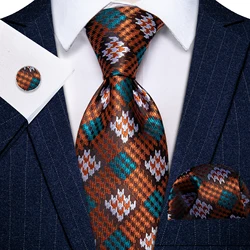 Novelty Plaid Tie for Men Orange Blue White Plaids Pocket Square Cufflinks Set Man Causal Party Business Necktie 8*150 CM Gifts