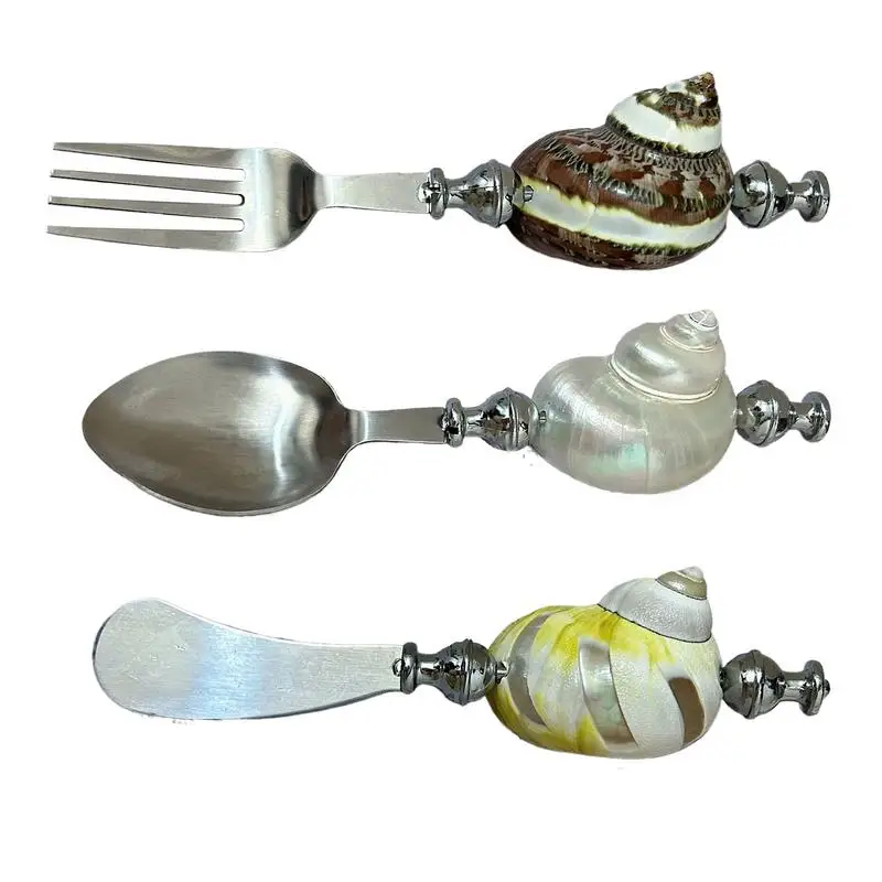 Shell Spoon Natural Conch Shell Handle Flatware Dessert Spoon Stainless Steel Retro Sugar Spoon For Stirring Coffee Espresso