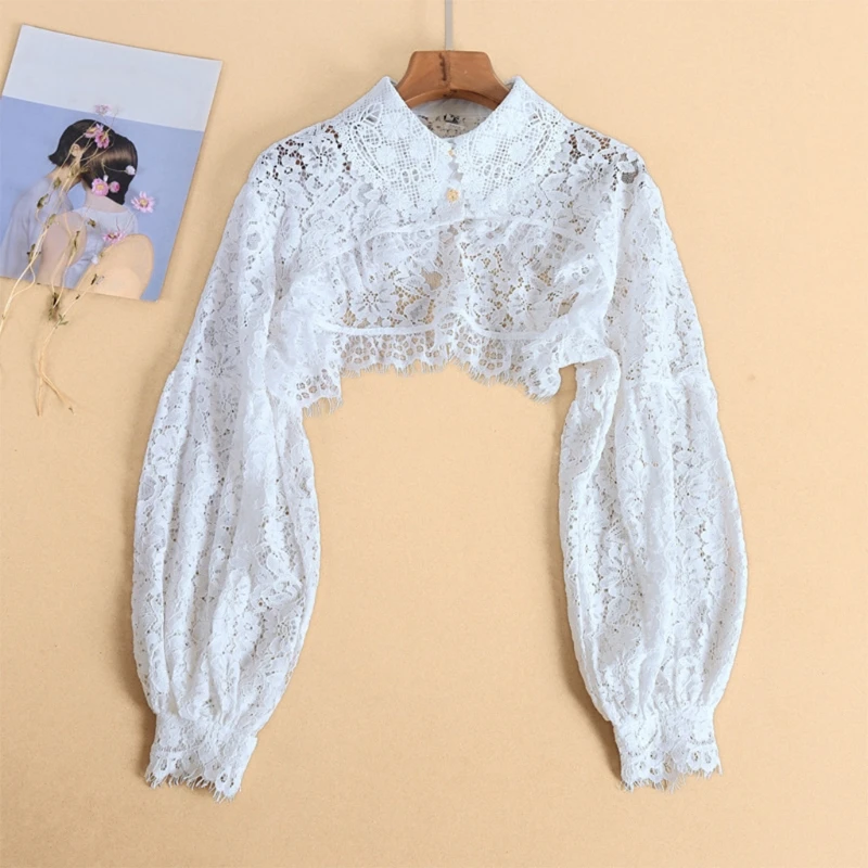 Korean Women Long Lantern Sleeve Fake Collar Dickey Hollow Out Eyelash Floral Lace Half Shirt Blouse Pullover Cutout Crop