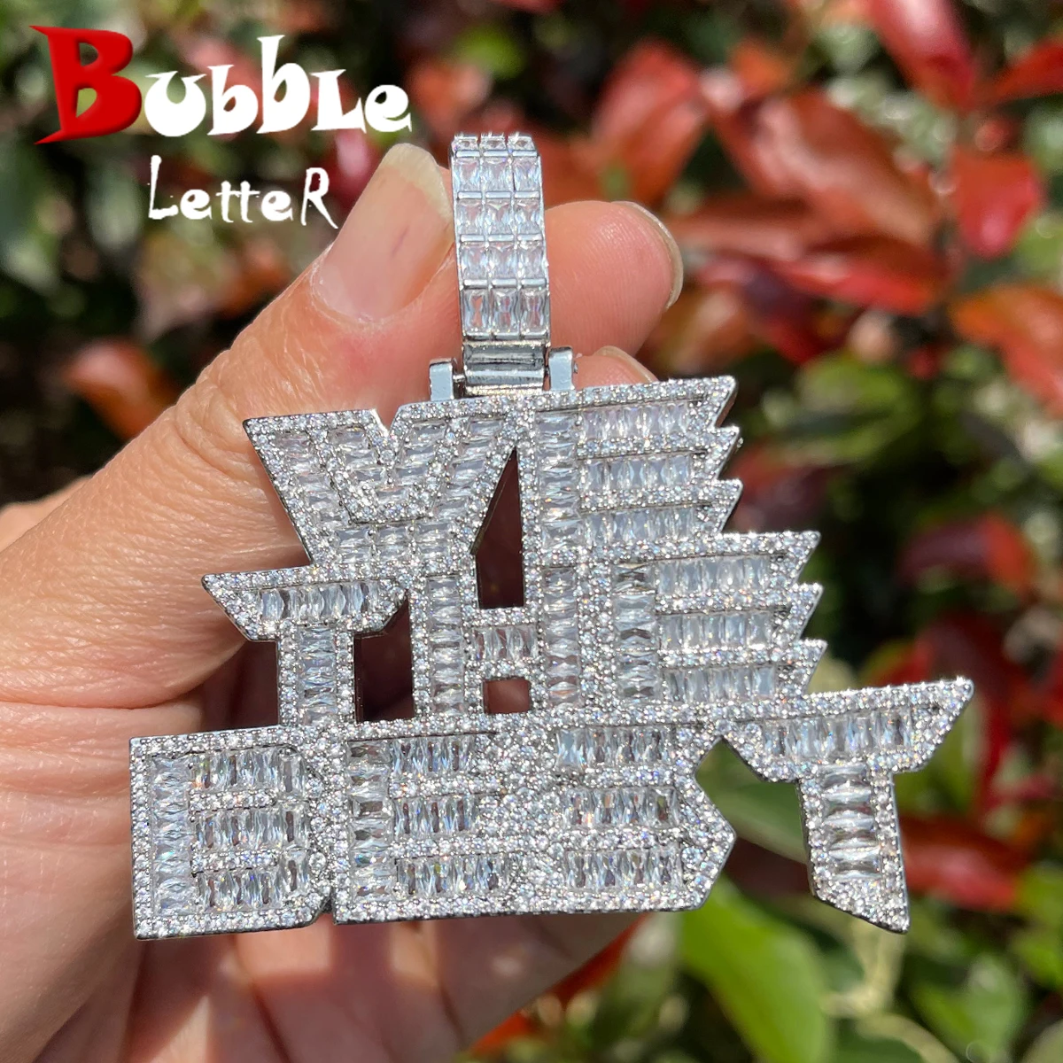 

Bubble Letter Iced Out We The Best Necklace for Men Baguette Pendants Prong Setting Chain Hip Hop Jewelry