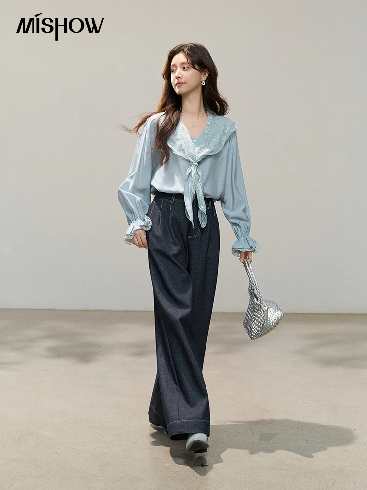 MISHOW Women Lace Ruffle Blouse Lace Splice Detachable Shawl Long Sleeve Loose Fit Light Blue Casual Commute Top MXF14C2444