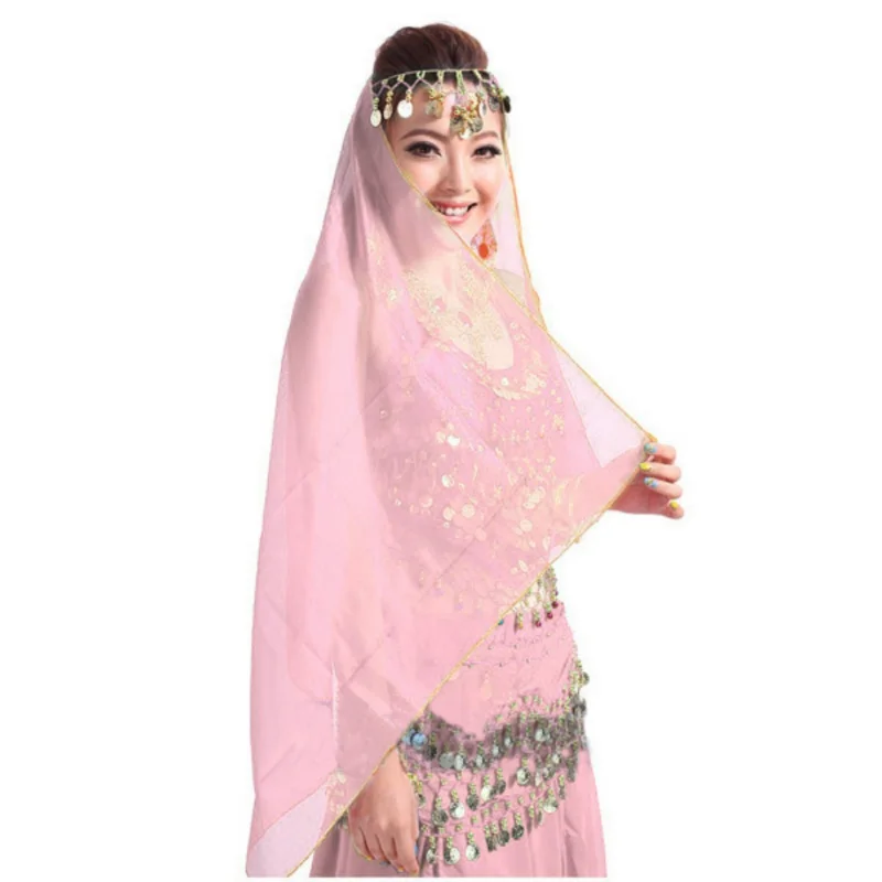 Lightweight Belly Dance Headwear Women's Chiffon Coin Headband Scarf Headpiece dance costume Sequin Trim Shawls Veils