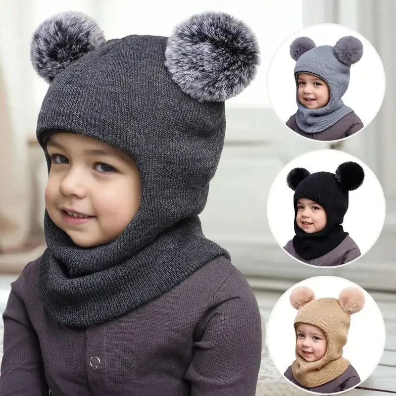 3-12Y autumn and winter double-ball pullover cap, children's double-ball ear-protecting one-piece cap, solid-color cute woolen