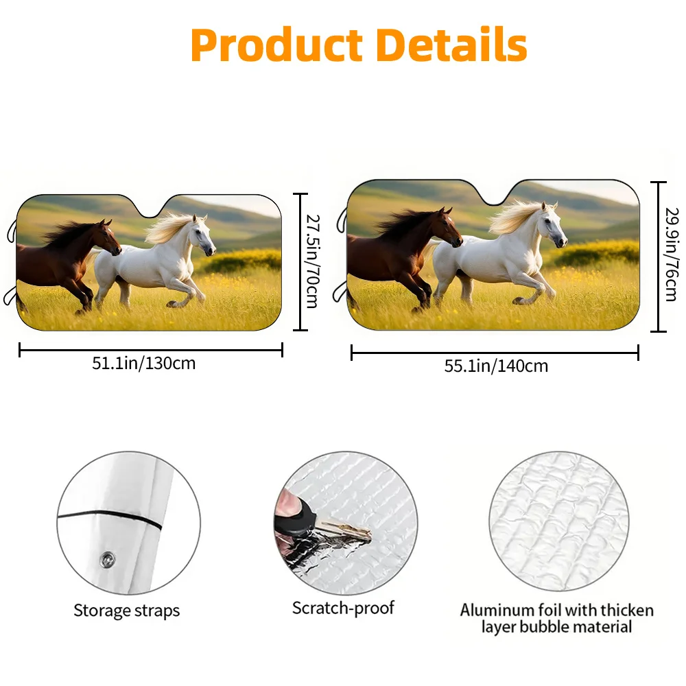 A Car Sunshade Featuring A Galloping Horse On Grass, With High-Definition Printing. This Front Windshield Sunshade Is Easy To In