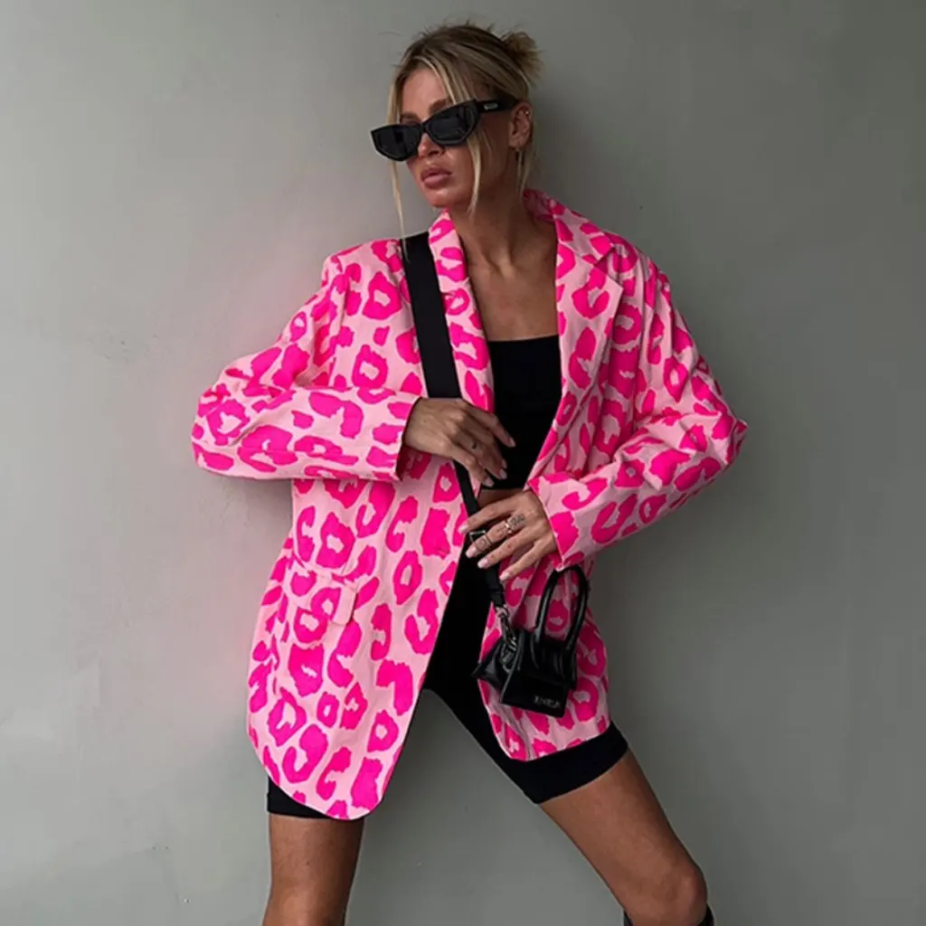 

Женский сексуальный свободный розовый леопардовый принт, уличный стиль, пиджак, осень-зима, европейская и американская мода