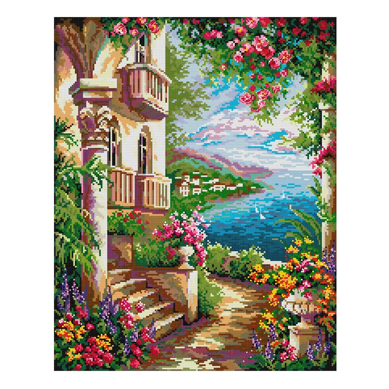 Joy Sunday Cross Stitch Kit Seaside Mansion 11CT 14CT Printed Fabric Cross Stitch Kits Embroidery Kit Needlework