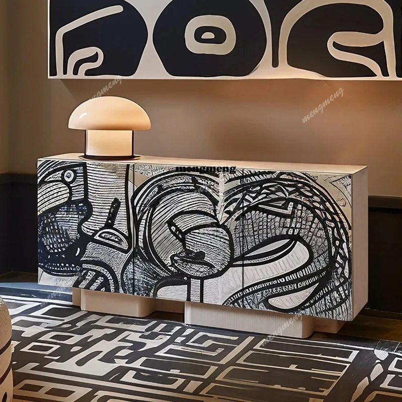 French retro solid wood dining side cabinet, living room wall storage cabinet, painted decorative entrance cabinet