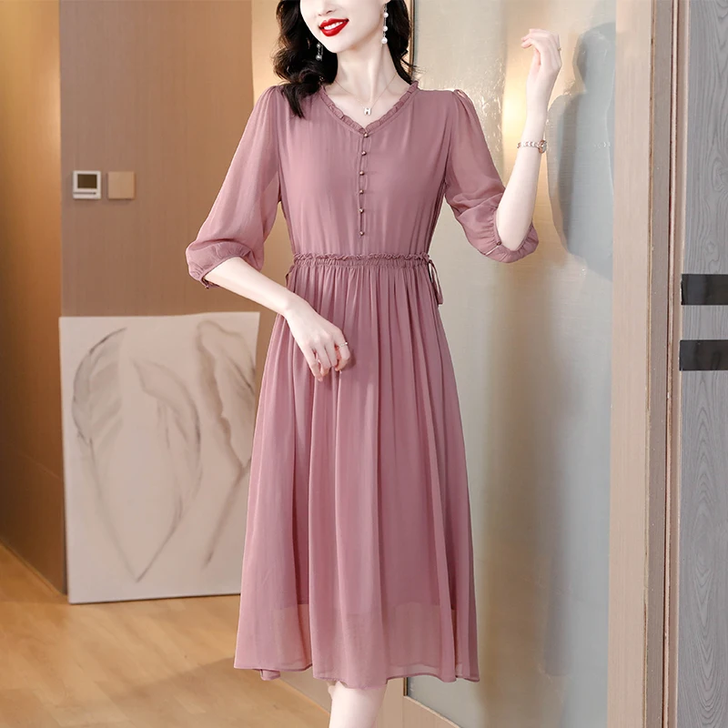 2023 Spring/Summer New Pink V-Neck Temperament Silk Skirt Solid Color Slim A-line Skirt Temperament Waist Over Knee Long Dress