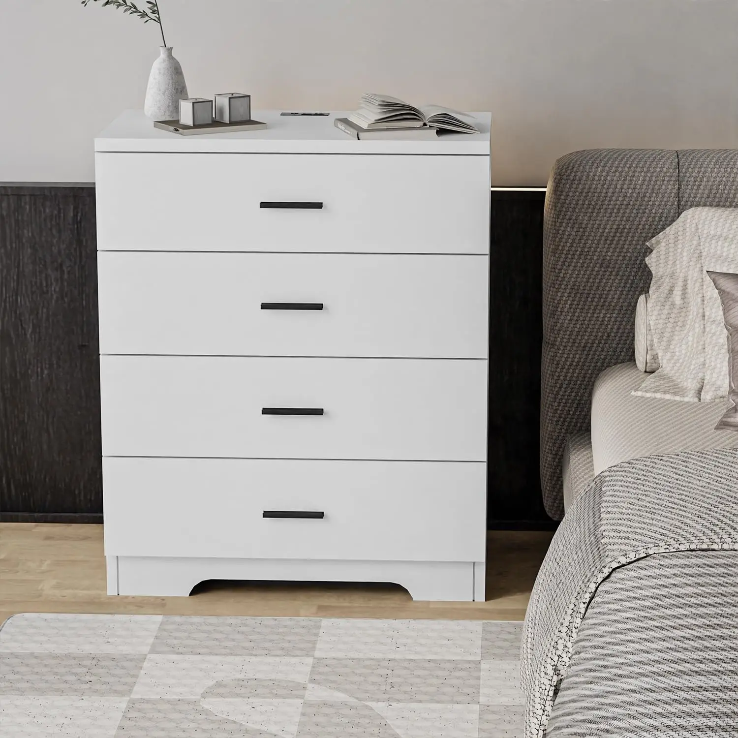 for White with Power Outlets Wood 4 Drawer Dresser with Large Organizer Tall Chest of Drawers Closet Mod