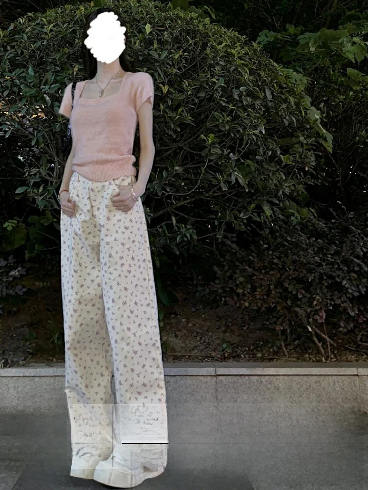 

High Waist Loose Fit Floral Print Straight Leg Denim Jeans Women's Summer Casual Pants Slimming Versatile Wide Leg Trousers