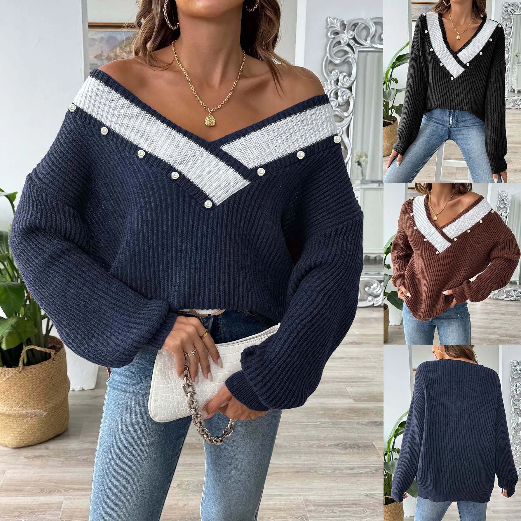 

Женский трикотажный топ с жемчужными вставками и большим воротником, средней плотности, европейский стиль, стандартный крой, повседневный, модный