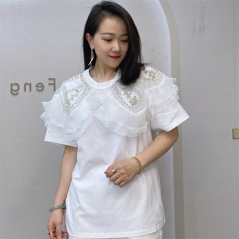 

Women Elegant White Tees Spring Summer Thin Beading Tops O Collar Ruffle Patchwork Hollow Out T Shirt Летняя футболка для женщин