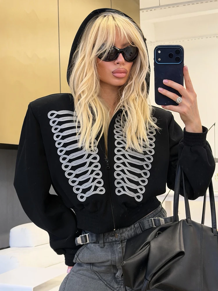 Sisterlinda Hottie Hooded Corp Jacket Women Fashion High Street Print Full Sleeve Zip Patchwork Autumn Trend Chic Sporty Outfits
