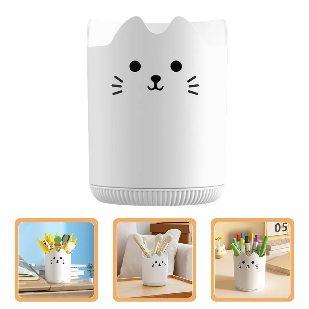 Rotating Cat Makeup Brush Holder Large Desktop Organizer for Stationery Lipstick Beauty Tools White Minimalist Design Countertop