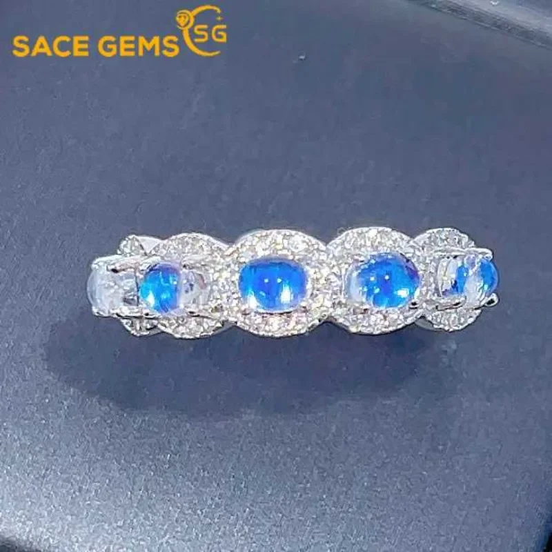 SACE GEMS New 925 Sterling Silver 3*4MM Natual Blue Moon Stone Rings for Women Engagement Cocktail Party Fine Jewelry Gift