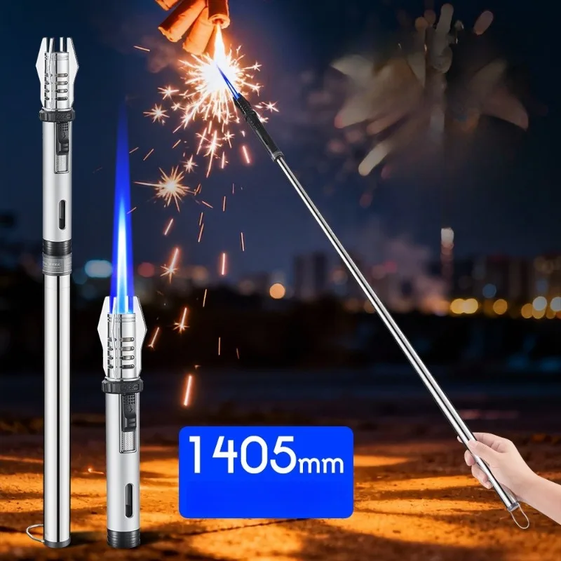 Handheld Extended Telescopic Rod High Power Spray Gun Windproof Jet Blue Flame Butane Gas Lighter Outdoor BBQ Kitchen Igniter
