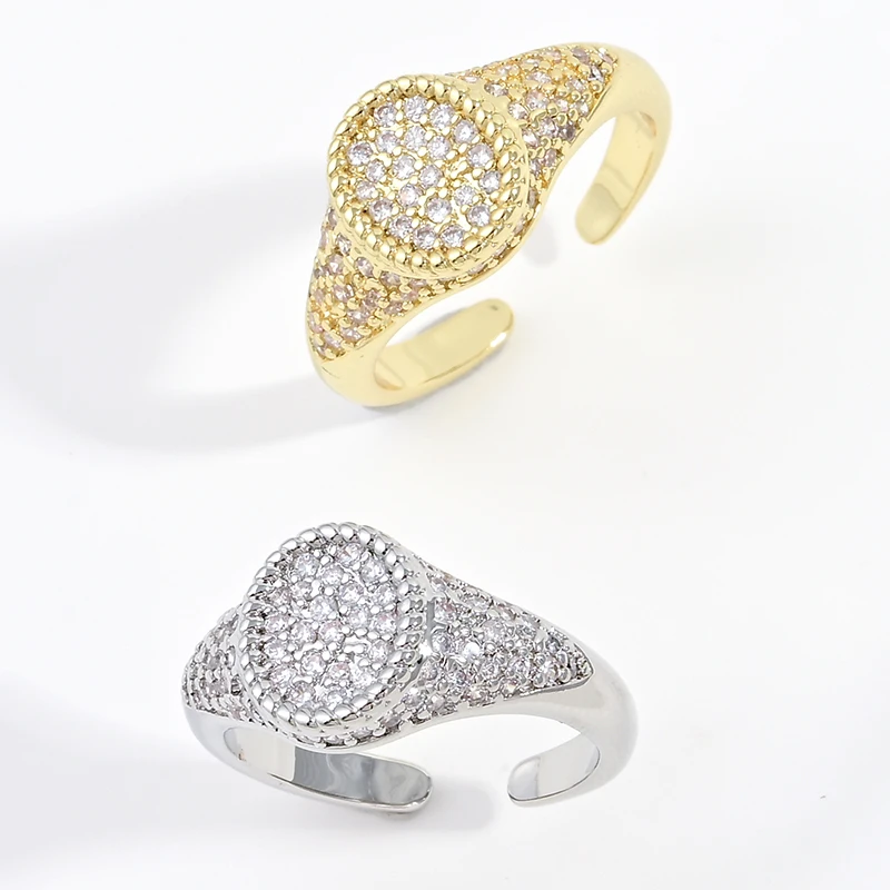 18K Gold-Plated Brass Small Oval Full Pave CZ Open Ring, Vintage Neutral Adjustable Jewelry For Men Women Couples:VJ954