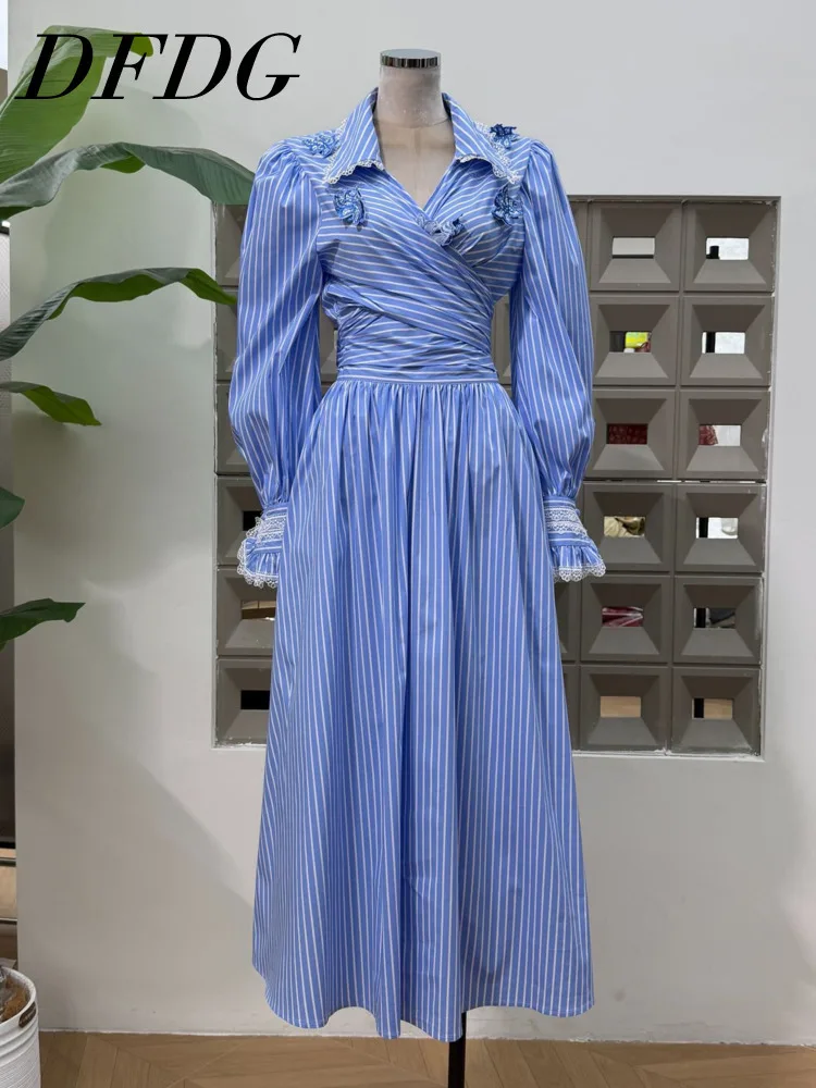 

DFDG женский комплект из 2 предметов в полоску весна-осень 2025 года, кружевная рубашка с вышивкой бабочки и высокой талией, комплект с карманами и юбкой