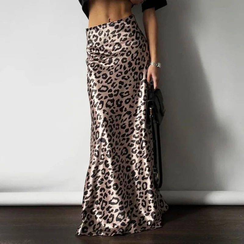 

Talenza Fashion Leopard Print Satin Skirt Women's Sexy Retro Print Maxi Skirt Casual Streetwear Party Slim Leopard Print Skirt