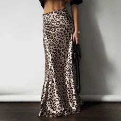Talenza Fashion Leopard Print Satin Skirt Women's Sexy Retro Print Maxi Skirt Casual Streetwear Party Slim Leopard Print Skirt