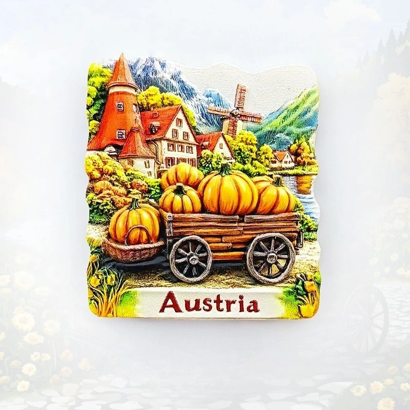 Austrian Farm Cart with Pumpkins Fridge Magnet - 3D Rural Souvenir Alpine Harvest Decor Unique Europe Gift