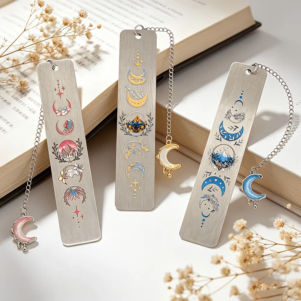 Romantic moon-themed stainless steel bookmark with chain and crescent pendant, colorful mysterious starry sky bookmark, perfect for book lovers, fans of novels and astrology, bestie gifts, birthday favors, graduation gifts