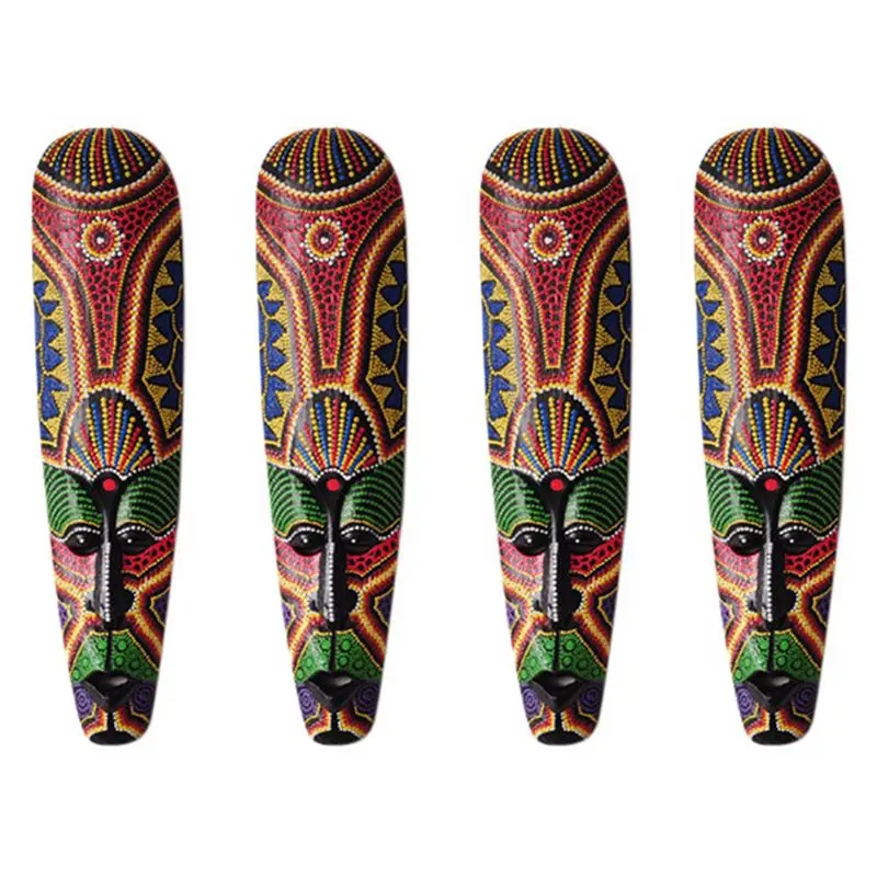 BHBD-4X Wooden Mask Wall Hanging Solid Wood Carving Painted Facebook Wall Decor Home Decorations African Totem Mask Crafts A