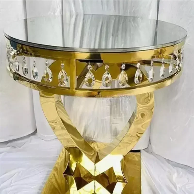

Heart Base Wedding Table Gold Stainless Steel Crystal Pendant Round Side Glass Mirror Top Cake Table Set Luxury