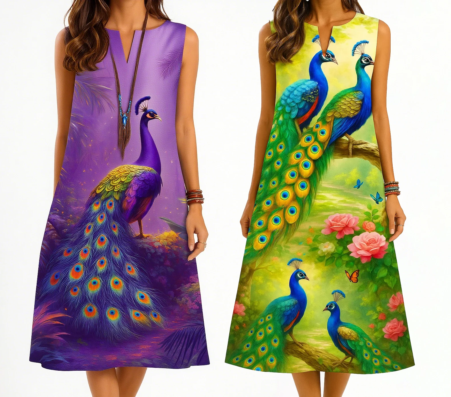 Women's kurt fashionable and elegant long sleeved straight tube casual V-neck peacock pattern new dress