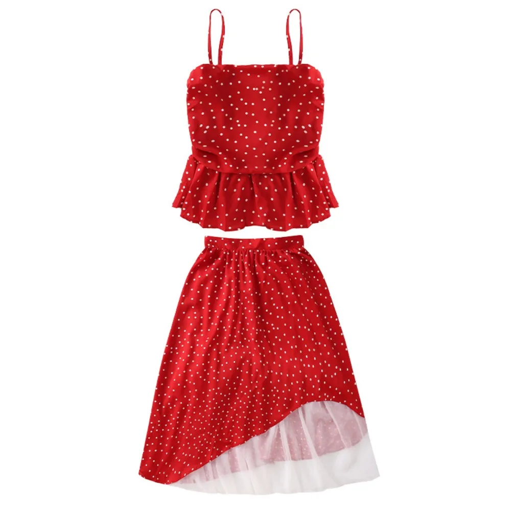 

Red Polka Dot Kids Ruffles Dot Dress Ruffled Sleeveless Camisole Top Girls Suspenders Skirt Loose Long Children Red Dress
