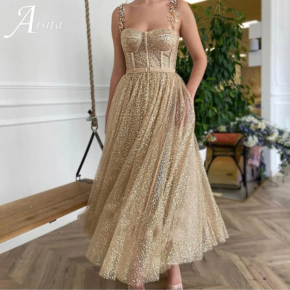 Gold Glitter Tulle Prom Dresses Beaded Straps Tea-Length Prom Gowns Pockets A-Line Short Formal Party Dresses Plus Size