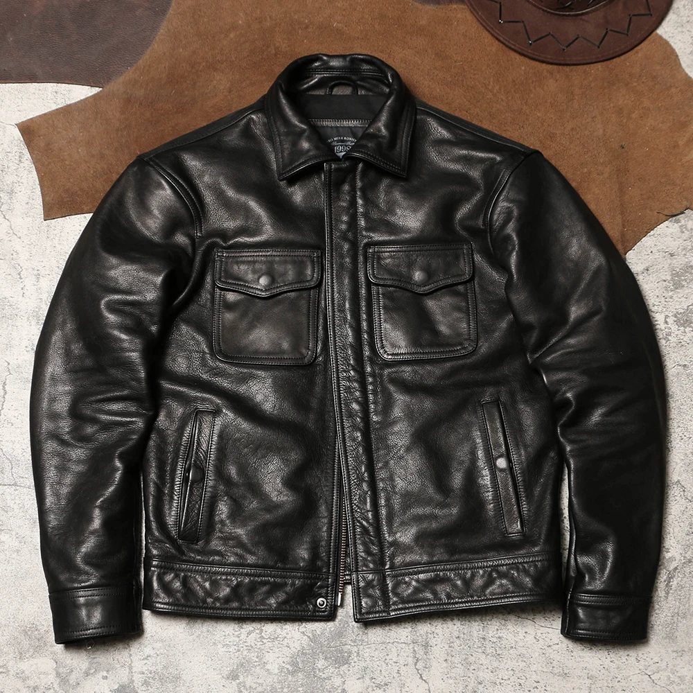 

Retro Tooling Leather Jacket Batik Uncoated Thick Soft Cowhide Leather Coat Men's Lapel Leather Motorcycle Coat in Autumn