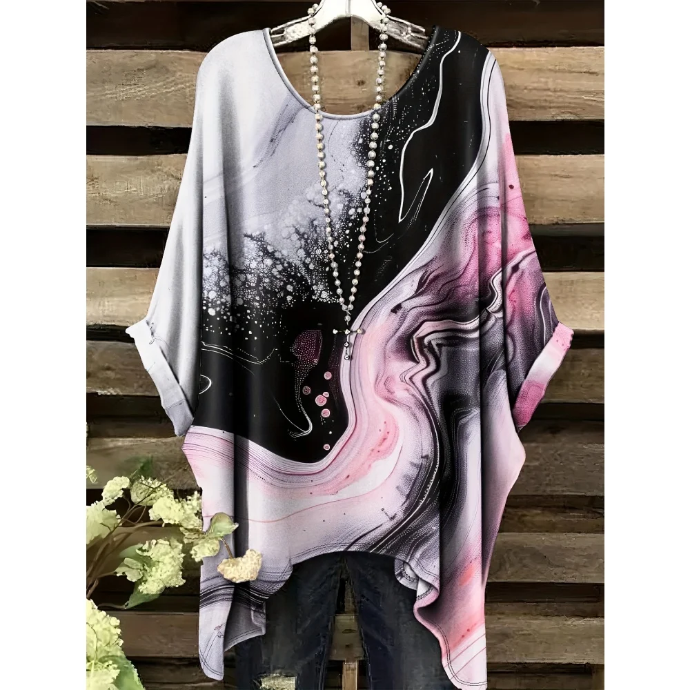 New 2025 T-Shirts for Women Gold Marble Print Versatile Machine Summer Comfort Short Sleeve Washable Bohemian Vintage Clothing