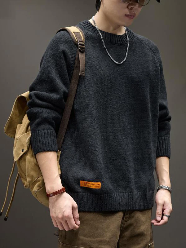 

Retro American round Ne Knitted Sweater Men's Loose Bot Base Layer irt Autumn Winter Heavyweight Casual Outerwear