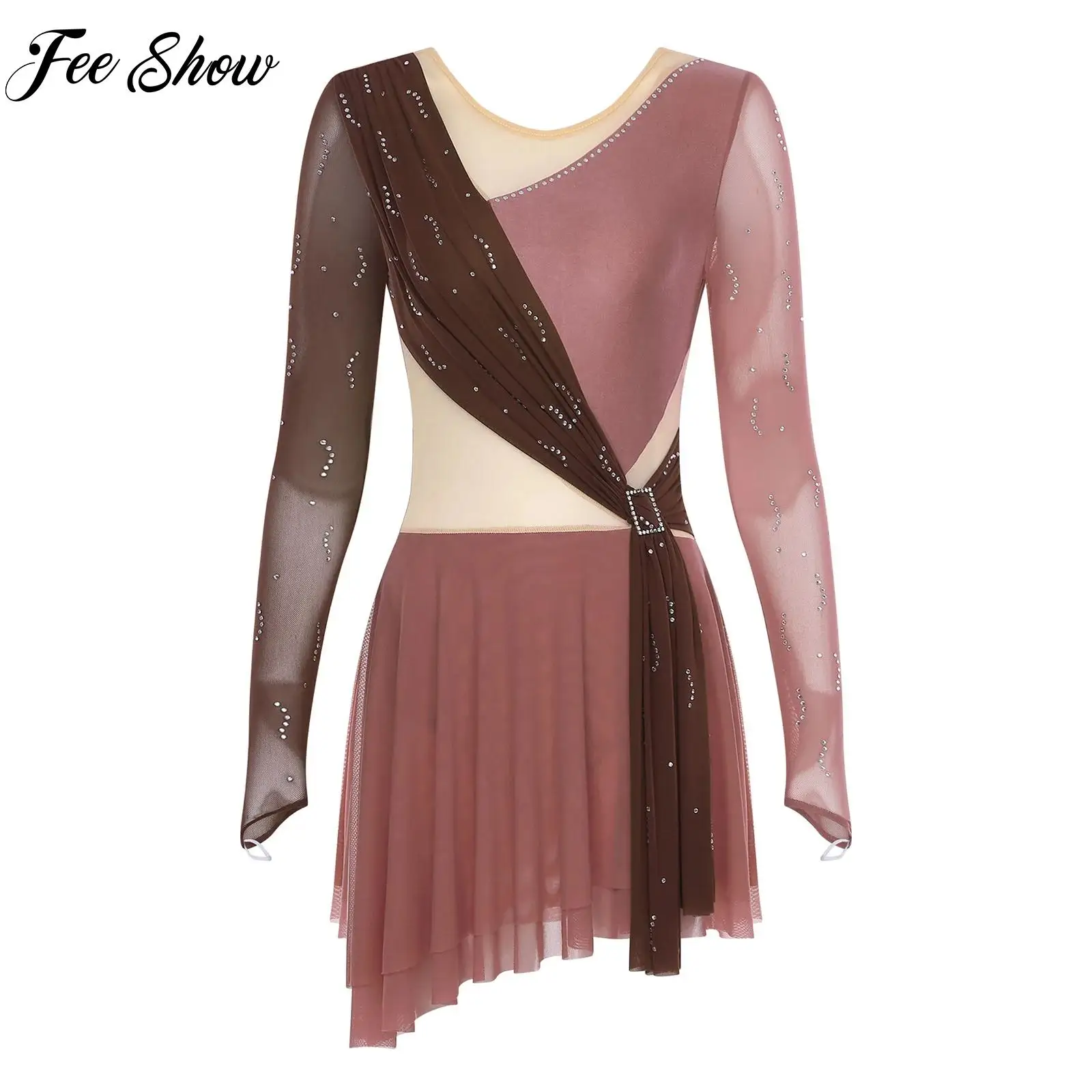 

Womens Figure Skating Dress Costume Glittery Rhinestone Mesh Long Sleeve Skirted Leotard Dress for Ballet Gymnastics Performance