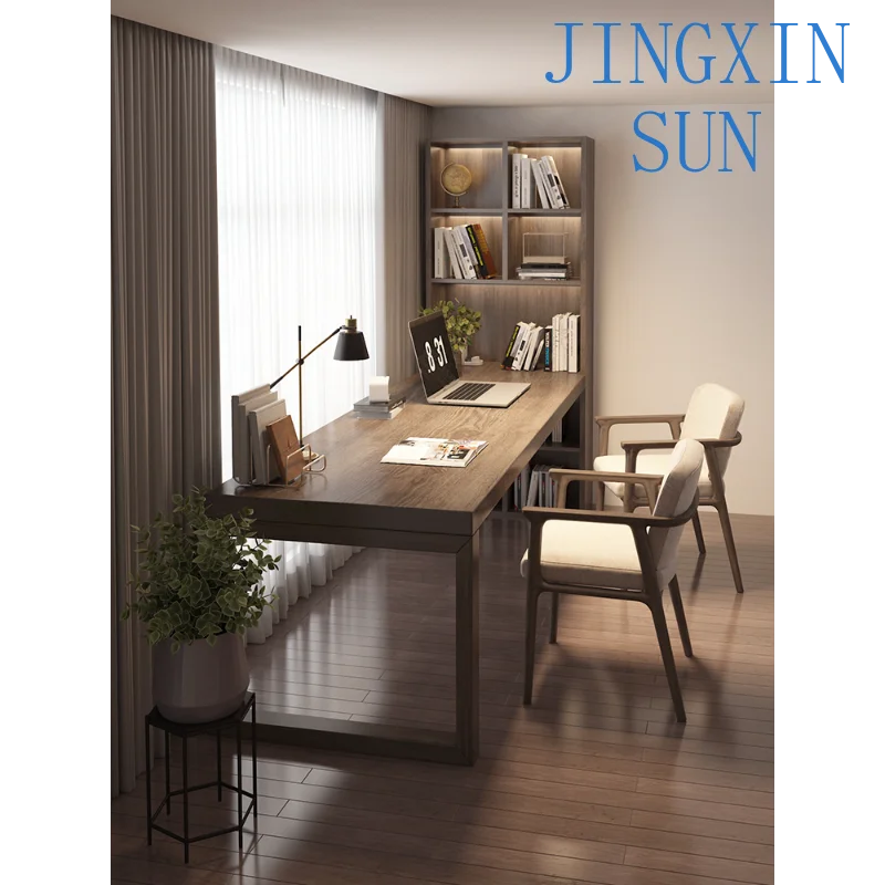 Solid Wood Study Desk with Bookshelf Bookcase Integrated Writing Desk for Students Home Office Double Workbench Side by Side